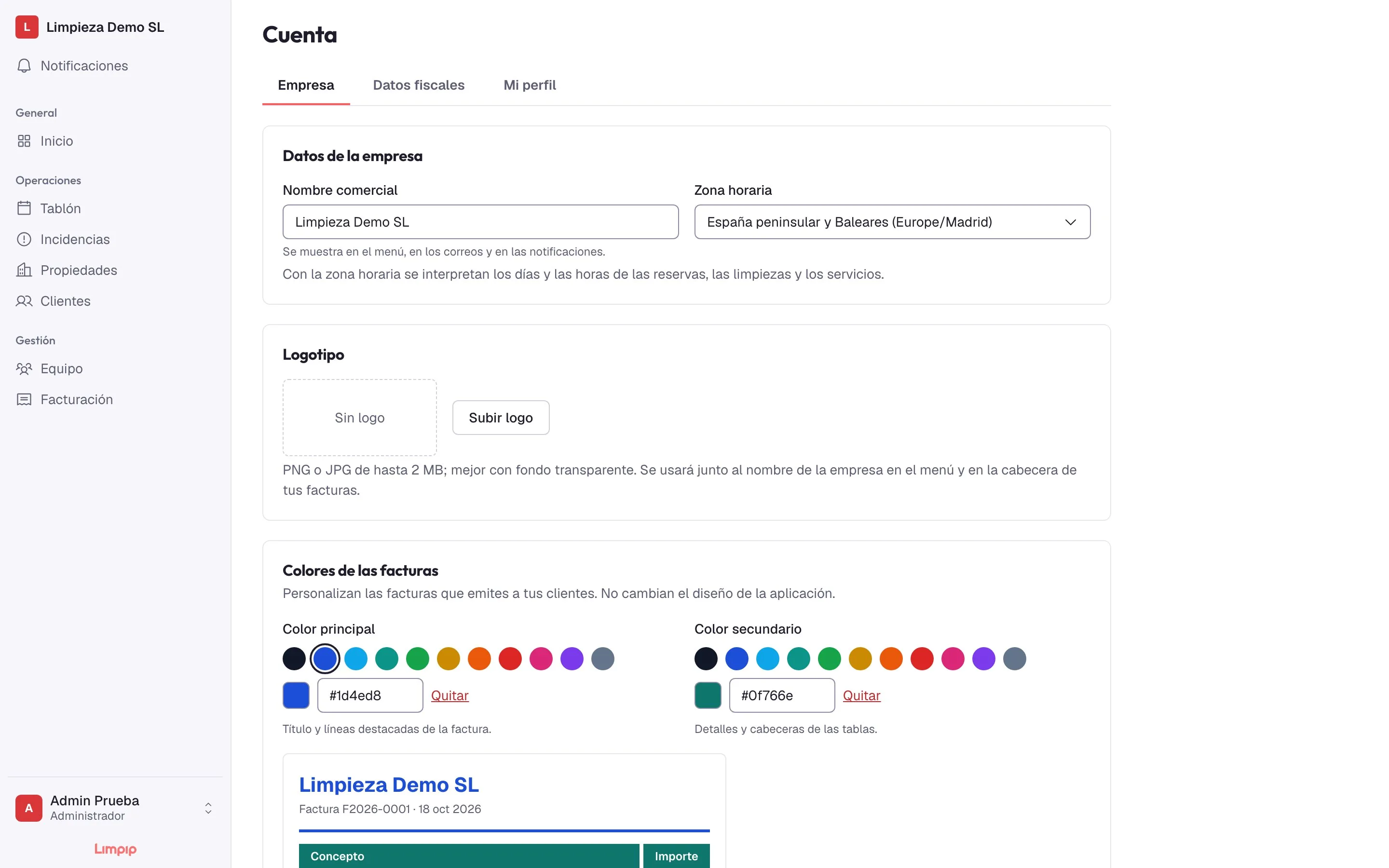 Configuración de la empresa: nombre, zona horaria, logotipo y colores de las facturas