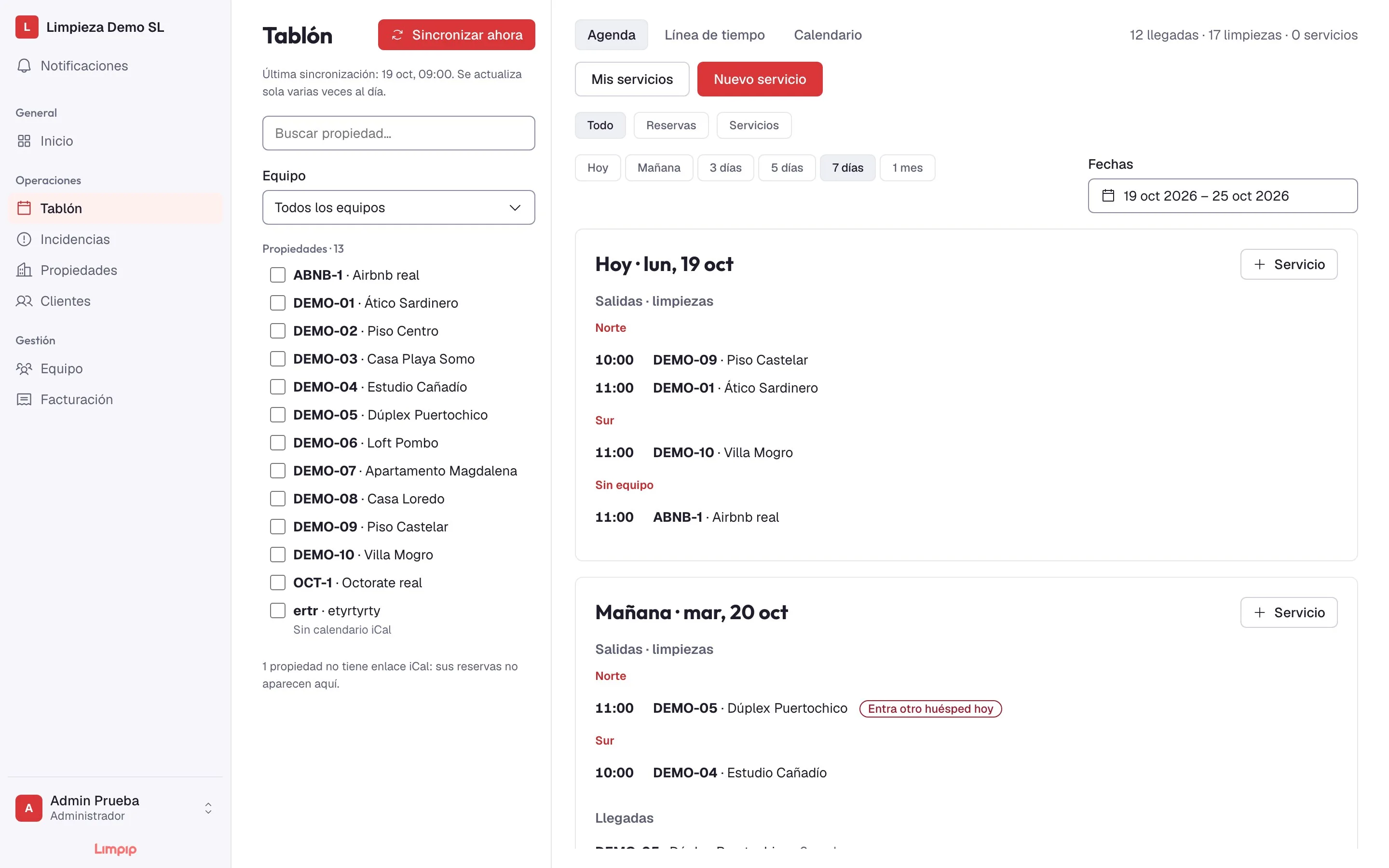 Agenda del Tablón con las limpiezas y servicios de cada día